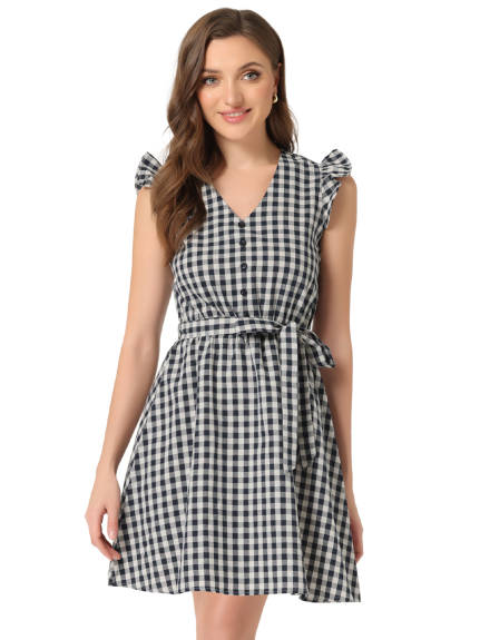 Allegra K- Ruffled Sleeve Belted A-Line Plaids Dress