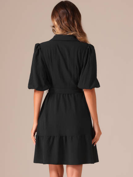 Allegra K - Belted Bubble Half Sleeve Shirt Dress