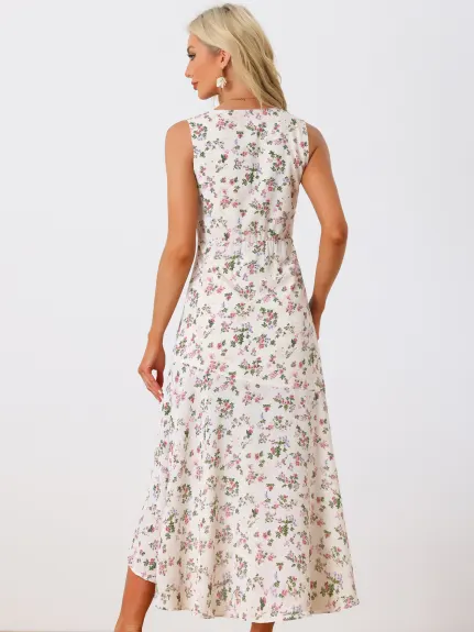 Allegra K - Floral Sleeveless Midi High Low Slit Dress