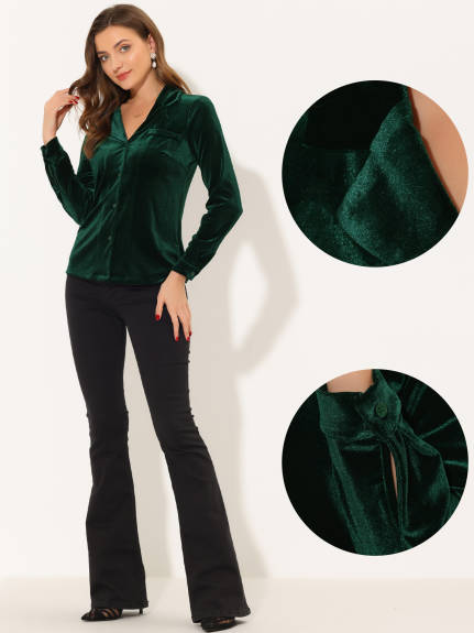 Allegra K- Velvet V Neck Long Sleeve Shirt Blouse