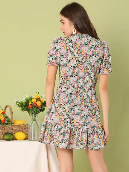 Allegra K- Ruffle Chiffon Tie Neck Puff Short Sleeve Floral Smock Dress