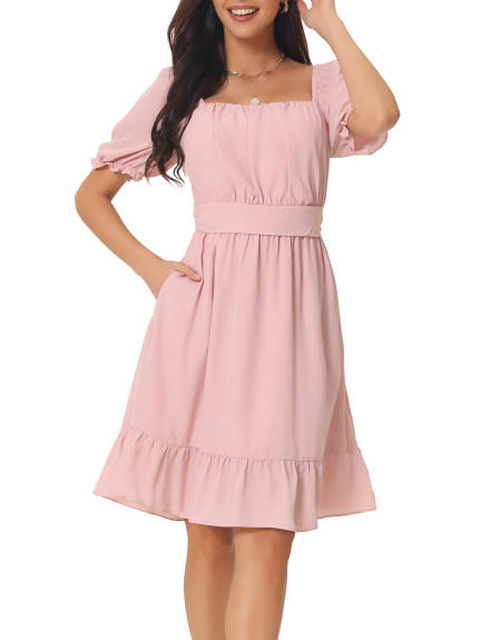 Allegra K - Puff Short Sleeve Square Neck Ruffle Dress