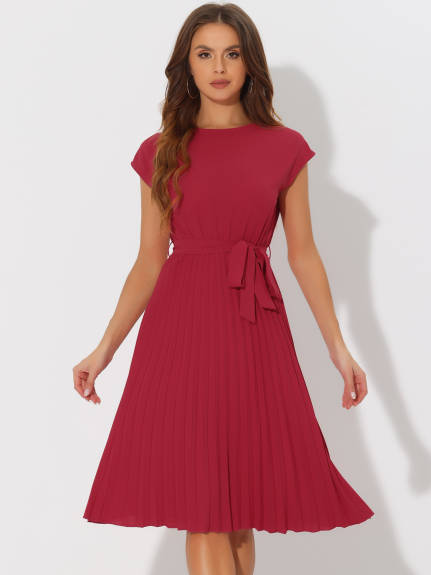 Allegra K- Pleated Crew Neck Tie Waist Dress