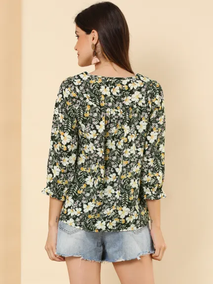 Allegra K- Tie Blouse florale à manches 3/4 et col en V