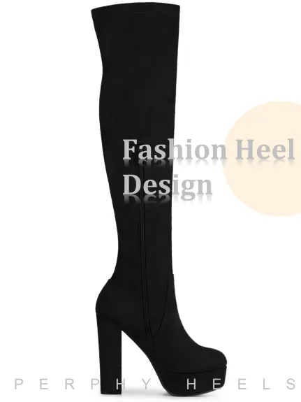 Allegra K- Block High Heel Platform Solid Thigh High Boots