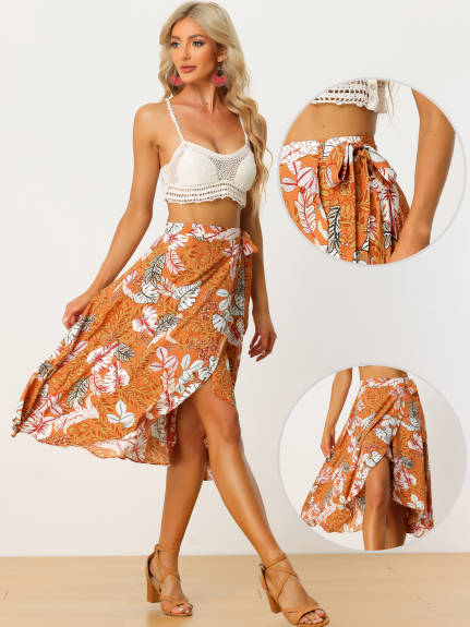 Allegra K- Floral Boho Wrap Midi Skirt