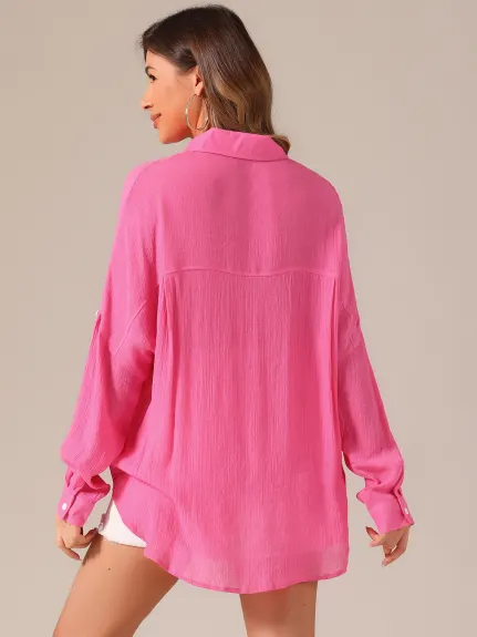 Allegra K - Oversized Lightweight Long Sleeve Boyfriend Shirt