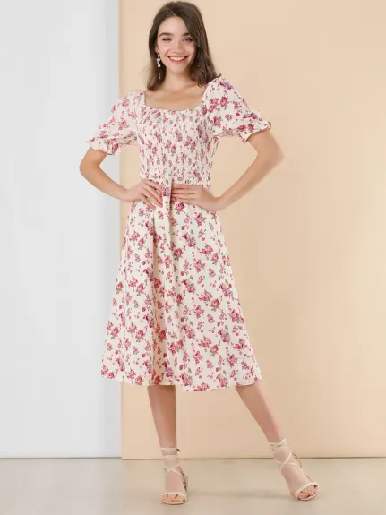 Allegra K- robe florale à col carré manches bouffantes Casual Midi Smocked