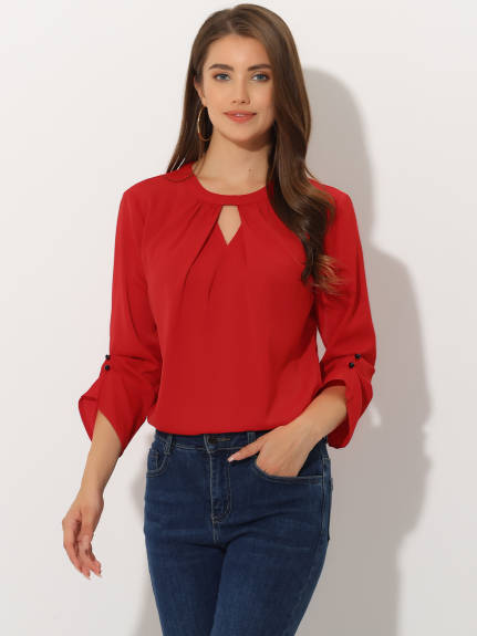 Allegra K- Round Neck Keyhole Pleated Shirred 3/4 Sleeve Top