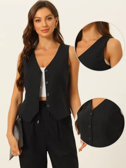 Allegra K- Button Down V Neck Crop Summer Vest