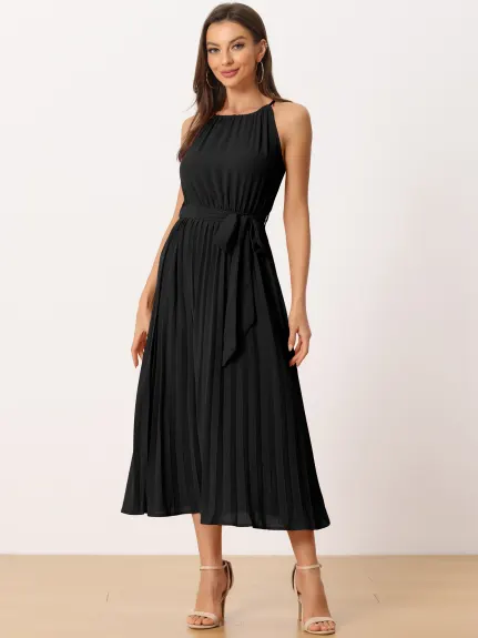 Allegra K- Halter Neck Belted Pleated Dress