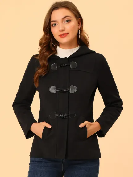 Allegra K- Toggle Duffle Zipper Front Cropped Hooded Peacoat