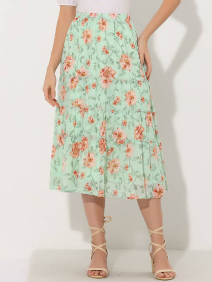 Allegra K- Floral Tiered A-Line Long Chiffon Skirt