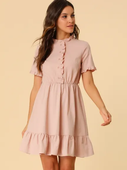 Allegra K- Cotton Fit and Flare Belted Button Front Ruffled Dress