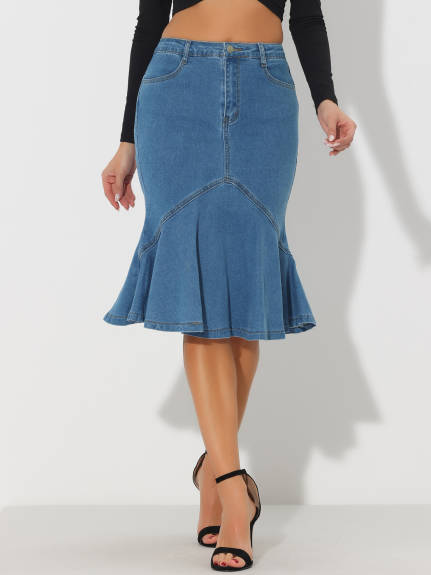 Allegra K - High Waist Denim Bodycon Fishtail Skirt