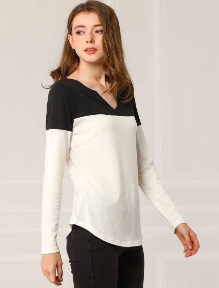 Allegra K- Color Block V Neck Henley Blouse