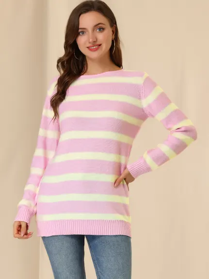 Allegra K- Round Neck Drop Shoulder Loose Striped Tunic Sweater