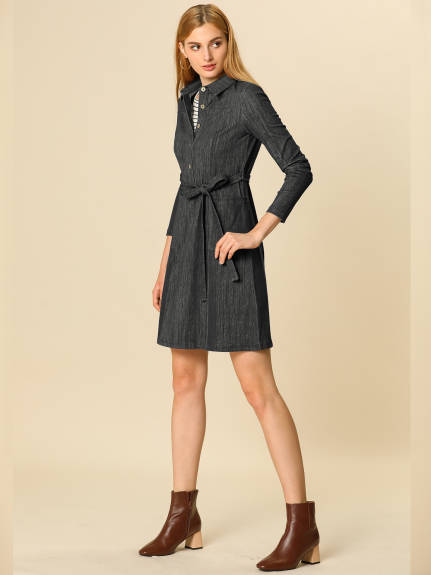 Allegra K- Half Placket Long Sleeve Belted Shirt Dress