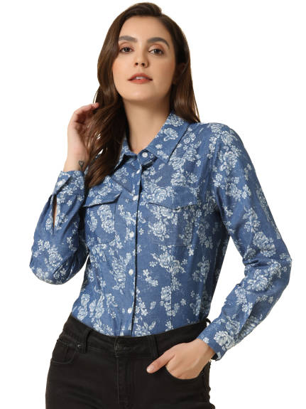 Allegra K- Denim Poplin Button Down Shirt