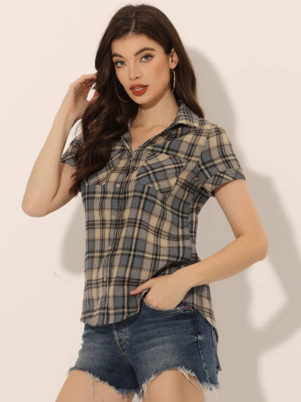 Allegra K- Cotton Short Sleeves Plaid Shirt