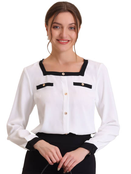 Allegra K- Square Neck Long Sleeve Blouse