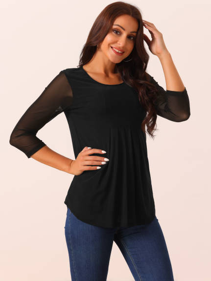 Allegra K - Crewneck 3/4 Sleeve Pleated Tunic Tops