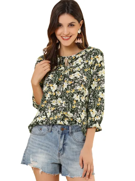 Allegra K- Tie V Neck Ruffled 3/4 Sleeve Floral Blouse