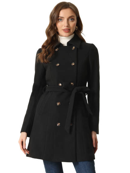 Allegra K - Double Breasted Belted Winter Pea Coat