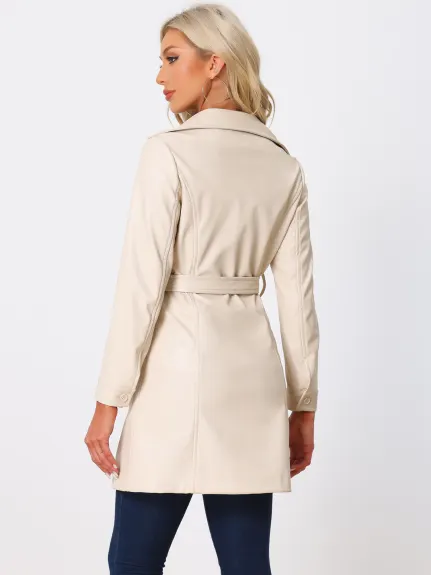 Allegra K - Veste longue en simili cuir à col à revers cranté