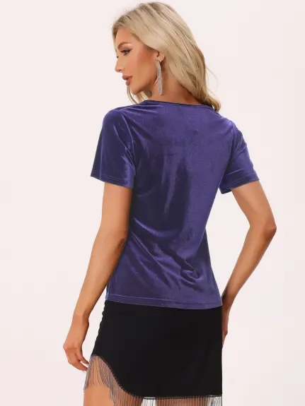 Allegra K- V Neck Short Sleeve Velvet Top