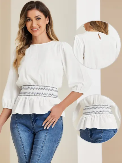 Allegra K- Blouse en Peplum manches 3/4 taille Smocked