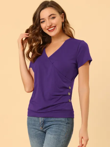 Allegra K - Wrap V Neck Short Sleeve Ruched Top