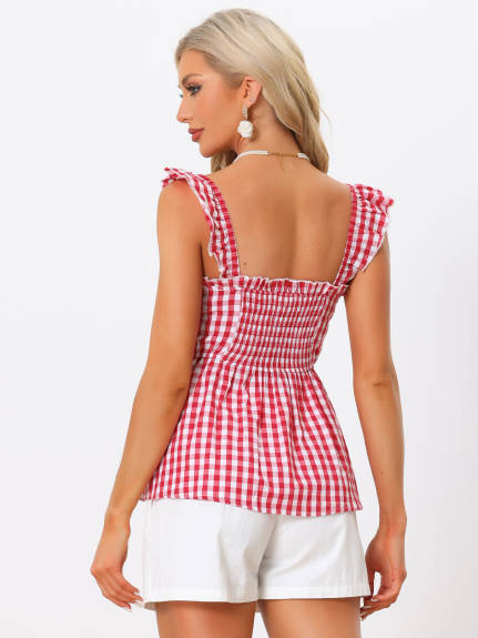 Allegra K- Gingham Peplum Square Neck Blouse