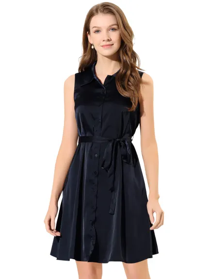 Allegra K- Sleeveless Solid Belted Satin Shirt Dress