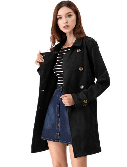 Allegra K- Notched Lapel Double Breasted Faux Suede Trenchcoat