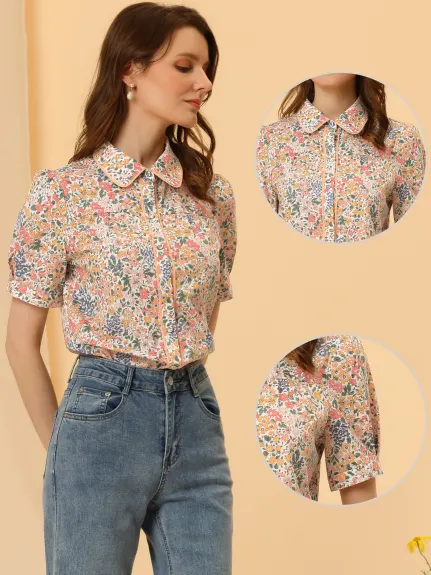 Allegra K- Contrast Trim Puff Sleeve Floral Shirt