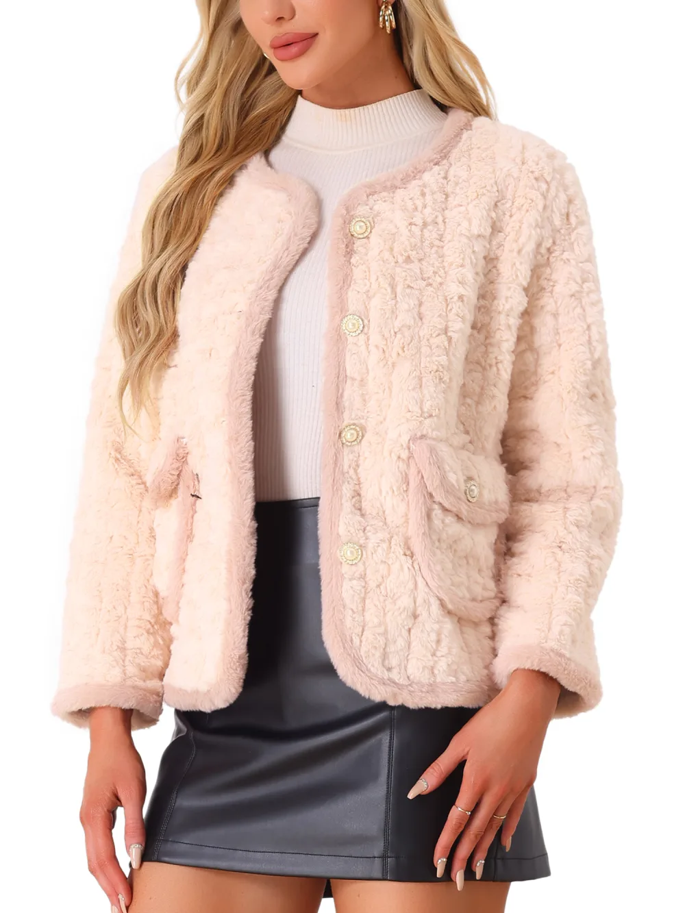 Allegra K - Faux Fur Fluffy Outwear Winter Jacket