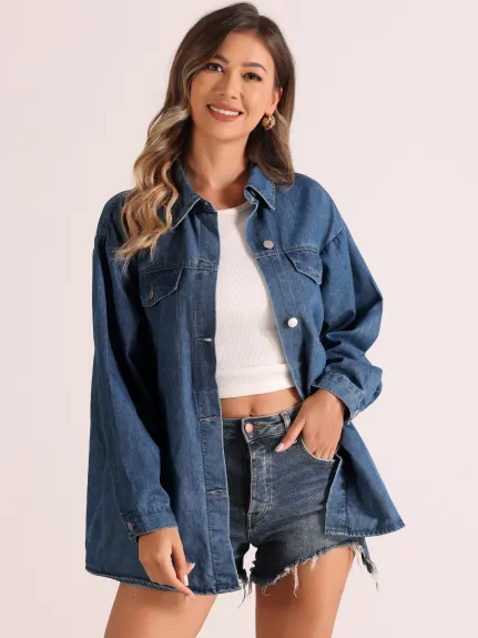 Allegra K - Long Sleeve Oversized Denim Jacket