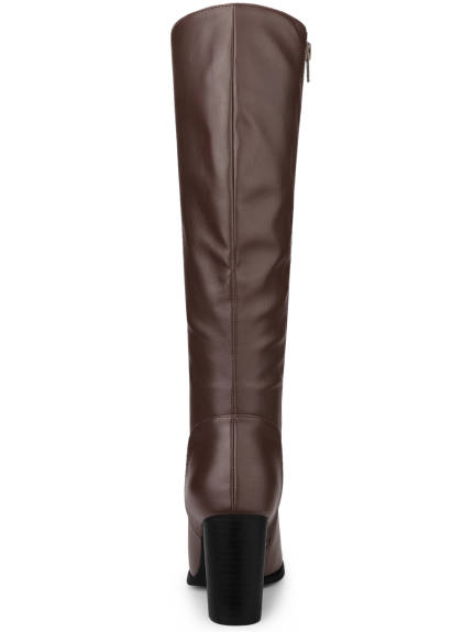 Allegra K- Round Toe Block Heel Faux Leather Knee Boots