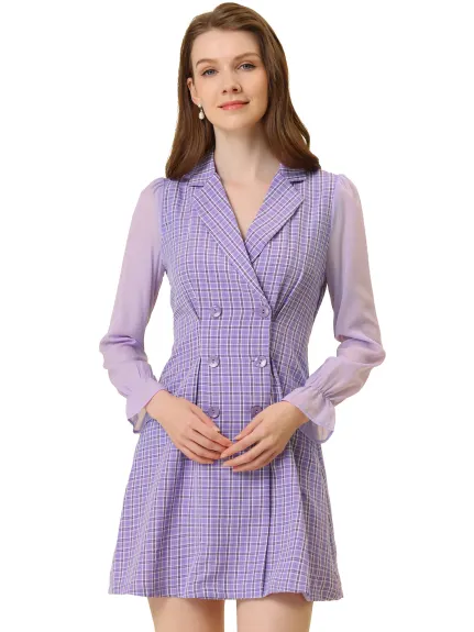 Allegra K- Plaid Double Breasted Long Sleeve Blazer Dress