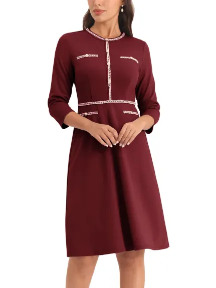 Hobemty- A-Line Contrast Color Tweed Trim Dress