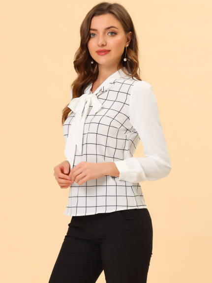 Allegra K- Plaid Long Sleeve Bow Tie Neck Blouse