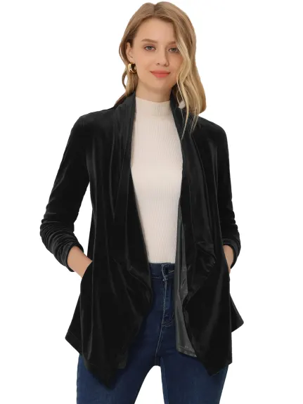 Allegra K- Shawl Collar Open Front Pockets Velvet Cardigan