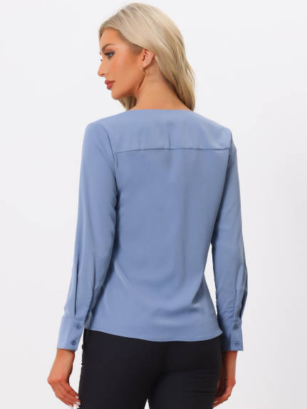 Allegra K- Long Sleeve V Neck Blouse