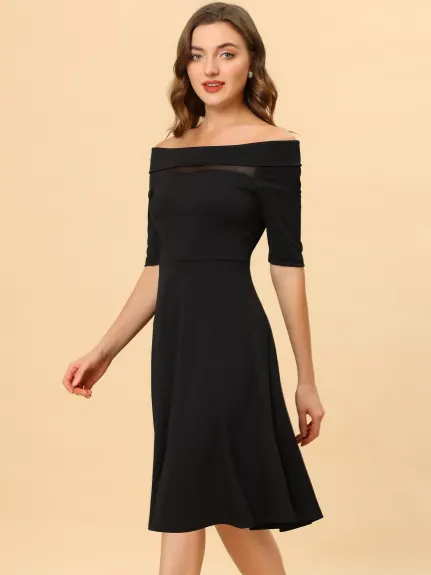 Allegra K- Off Shoulder Mesh Panel Cocktail Midi Dress