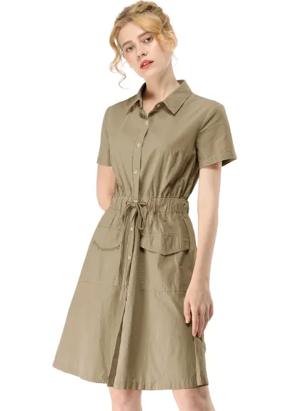 Allegra K- Button Down Cotton Flare Shirt Dress