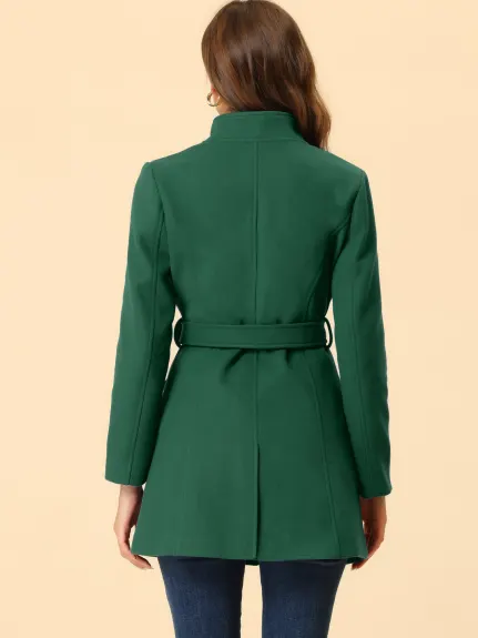 Allegra K- Classic Stand Collar Belted Long Coat