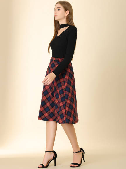 Allegra K- Plaid Tartan Belted A-Line Midi Skirt