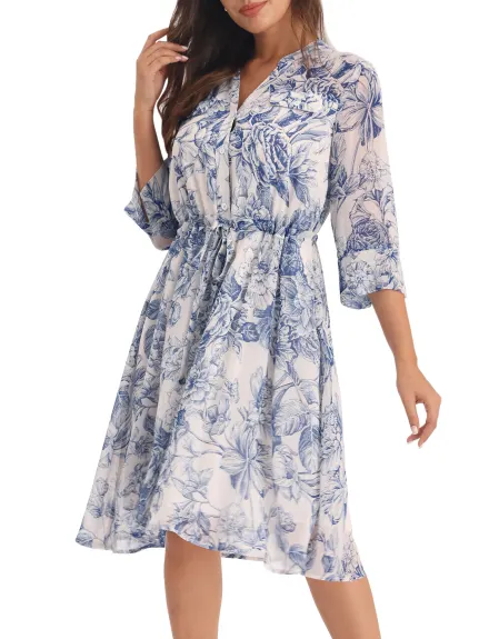 Hobemty- Floral Half Sleeve Tie Waist Button Down Dress