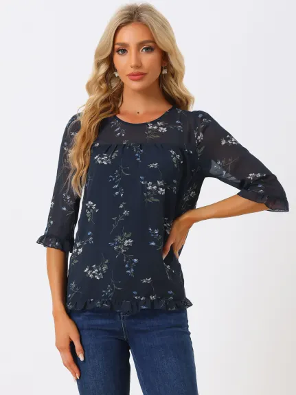 Allegra K- Blouse florale en mousseline à manches 3/4 et à volants